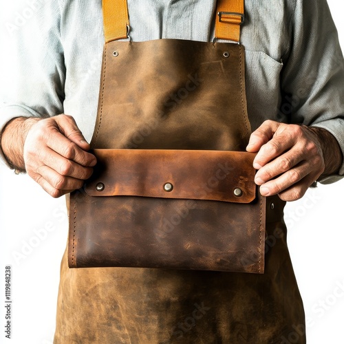 Man holding a leather wallet in apron, white isolate background.