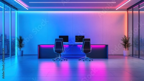 Modern office interior with glowing neon lights and sleek furniture overlooking a city skyline, featuring two ergonomic chairs and dual computer setups, showcasing contemporary design elements. photo