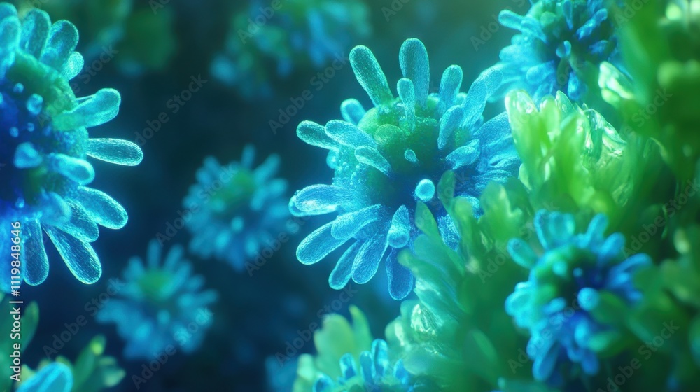 Vibrant Blue and Green Abstract Microorganisms in Underwater Environment Vibrant Blue and Green Abstract Microorganisms in Underwater Environment