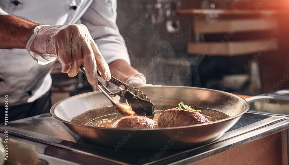Cooking a delicious main course in the restaurant kitchen Cooking a delicious main course in the restaurant kitchen