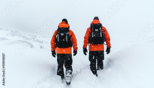 Rescue logistics concept. Two hikers in orange jackets walking through heavy snow in a winter landscape. photo