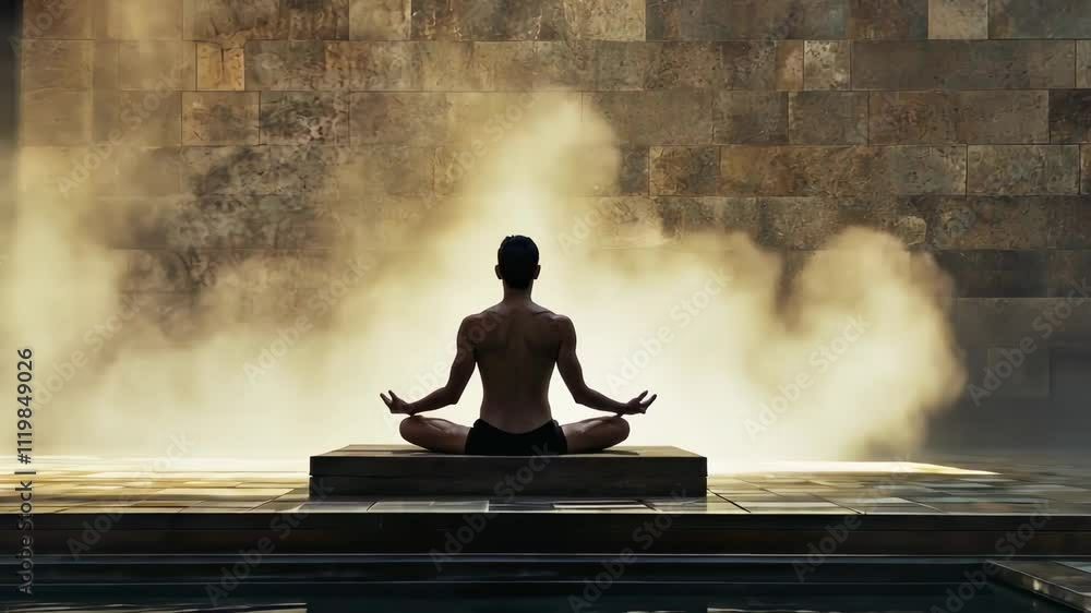 Serene meditation by steam filled pool in spa retreat for water wellness concept