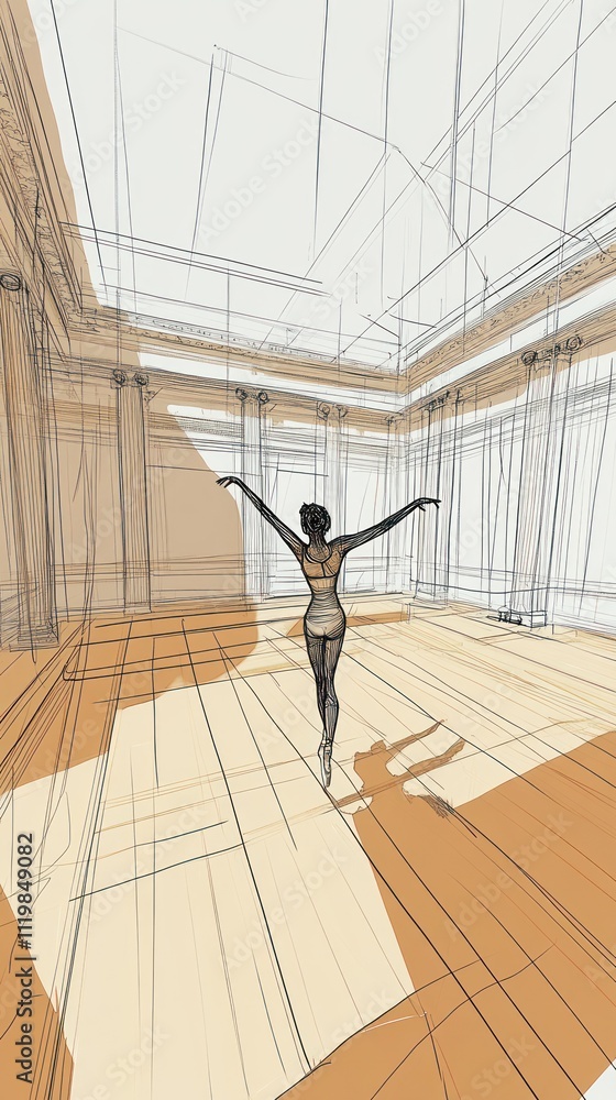 A stylized figure in a spacious, sketched interior, showcasing architectural lines and shadows. A stylized figure in a spacious, sketched interior, showcasing architectural lines and shadows.