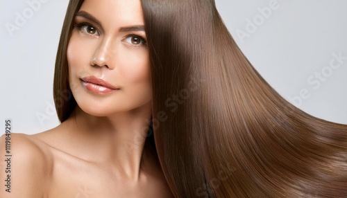 Beautiful model with long brown silky shining hair for hair products advertising photo