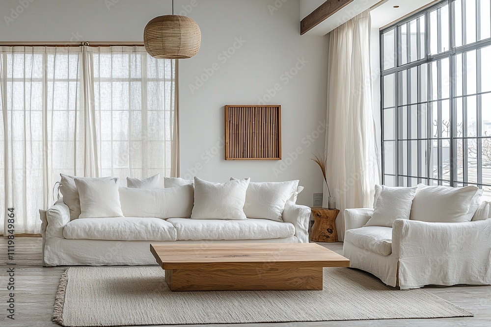 Minimalist, a living room photo of a combination of Scandinavian interiors and japandi interiors with white-finished living room and sofa and table and pendant lighting. Generative AI
Minimalist, a living room photo of a combination of Scandinavian interiors and japandi interiors with white-finished living room and sofa and table and pendant lighting. Generative AI