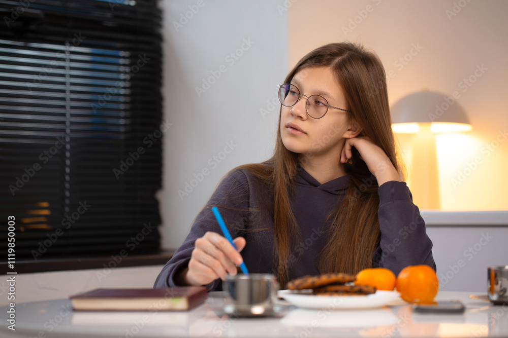 A dreamy teenage girl is writing a letter to Santa in preparation for Christmas