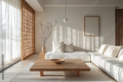 Minimalist, a picture of a living room with sofa and table view and a combination of Scandinavian interiors and japandi interiors in a living room with pendant lighting. Generative AI
