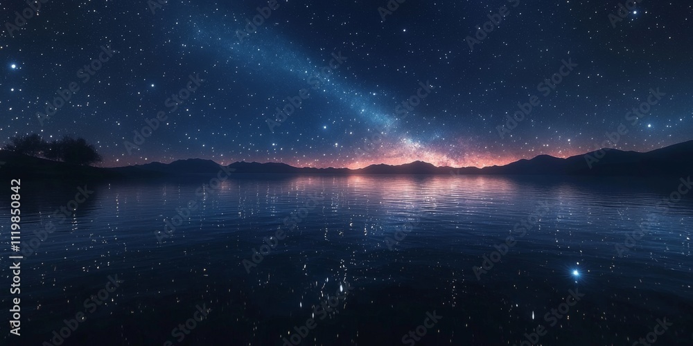 Fototapeta premium Serene Night Sky Starry Lake Reflection Milky Way Mountains