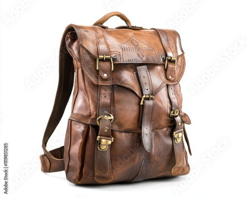 Stylish brown leather backpack with adjustable straps, isolated on white background.