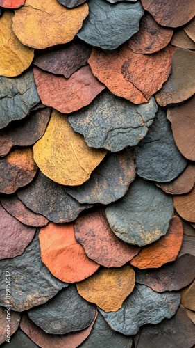 Wallpaper Mural Textured layers of colored slate tiles arranged in an artistic pattern on a wall Torontodigital.ca