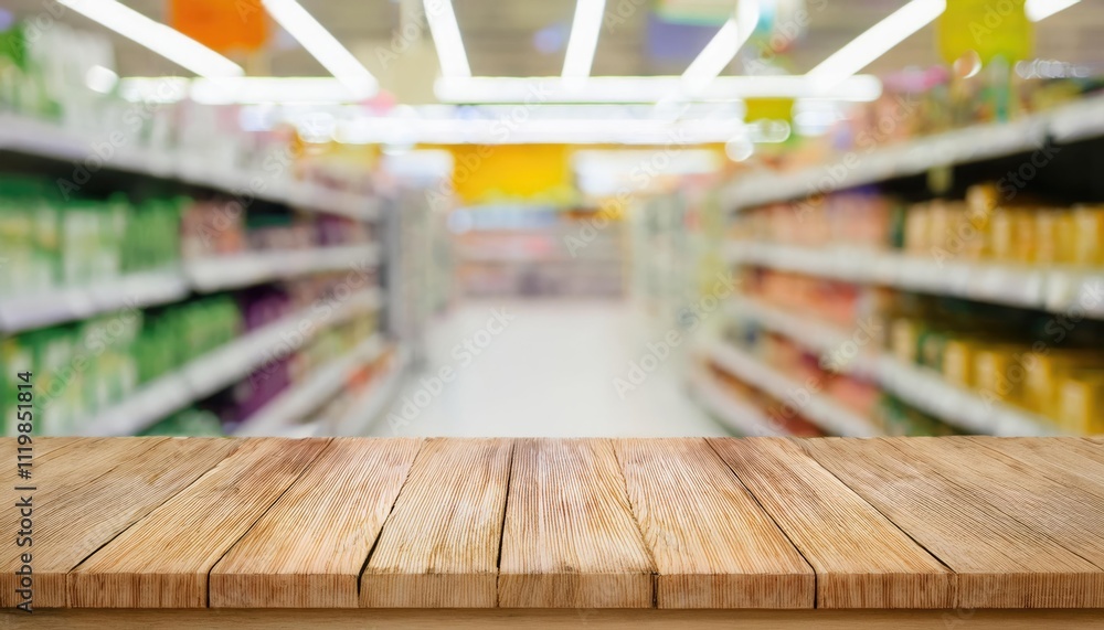 Empty wood table top on shelf in supermarket blurred background Empty wood table top on shelf in supermarket blurred background