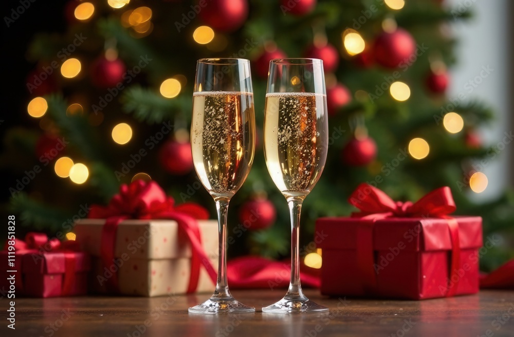 Two champagne glasses are on a table by a Christmas tree Two champagne glasses are on a table by a Christmas tree