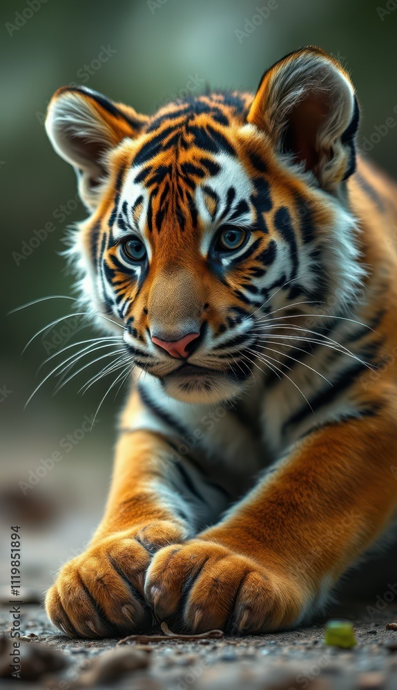 Fototapeta premium Young tiger cub resting during a sunny afternoon in a natural habitat