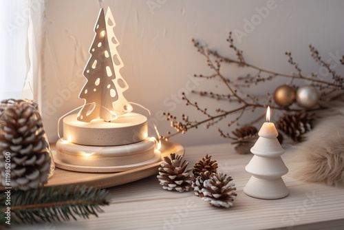 Christmas Home Decor: White Tree and Winter Pine Cone Arrangement – Ideal for Holiday Promotions photo