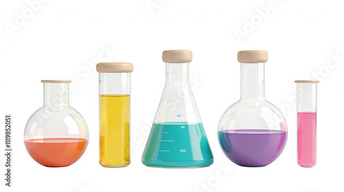 Transparent Background Laboratory Glassware Illustration with Colorful Liquids - Ideal for Science Projects and Design Overlays