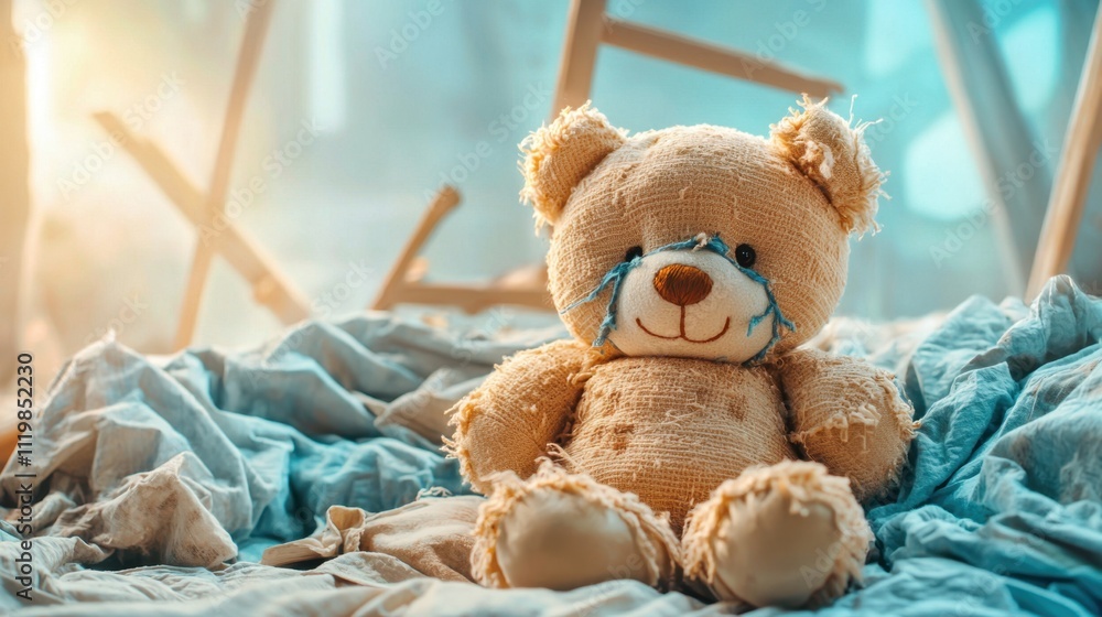 Toy and shelter reflecting the impact of war concept. Teddy bear on messy bed with soft lighting background Toy and shelter reflecting the impact of war concept. Teddy bear on messy bed with soft lighting background