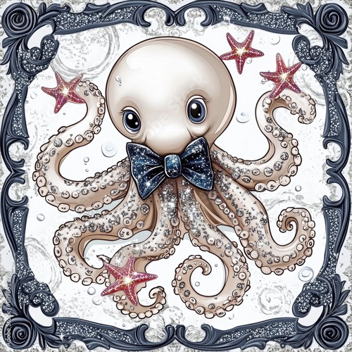 Whimsical octopus with bowtie and stars underwater scene digital art playful environment close-up perspective fun concept photo