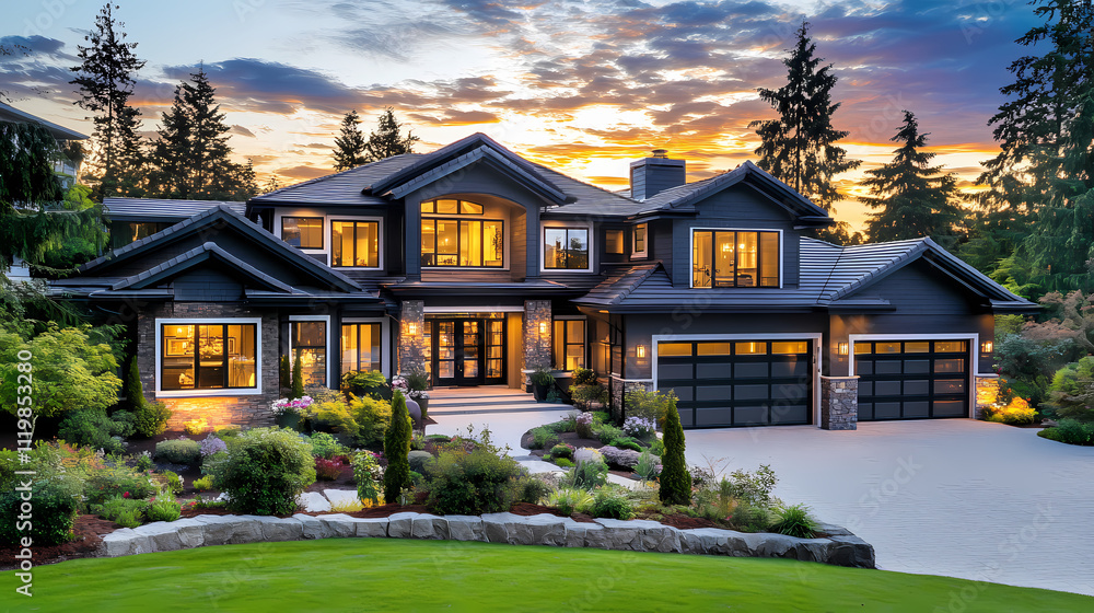 Luxurious modern home exterior with elegant landscaping and beautiful twilight lighting, luxury, home, exterior. Twilight. Illustration Luxurious modern home exterior with elegant landscaping and beautiful twilight lighting, luxury, home, exterior. Twilight. Illustration