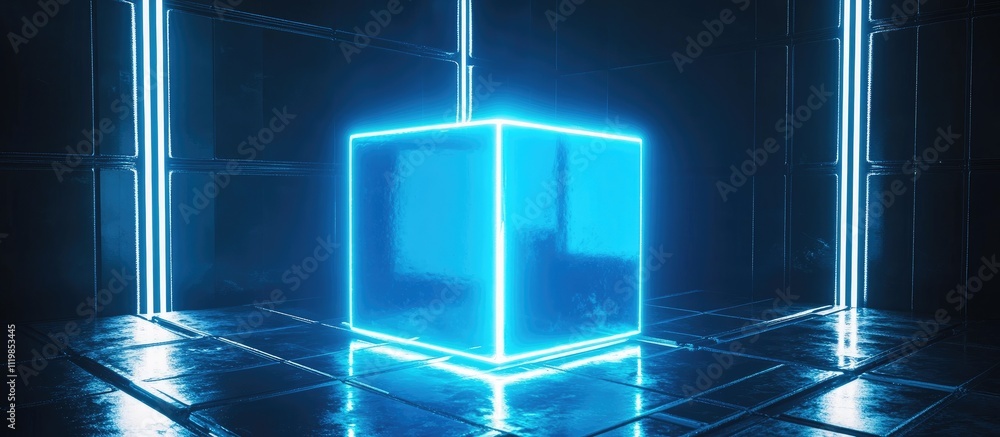 Obraz premium Glowing blue cube in a dark, futuristic room.