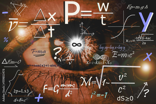 Foto Ojo marrón con fórmulas físicas y matemáticas junto a teorías, teoremas e interr