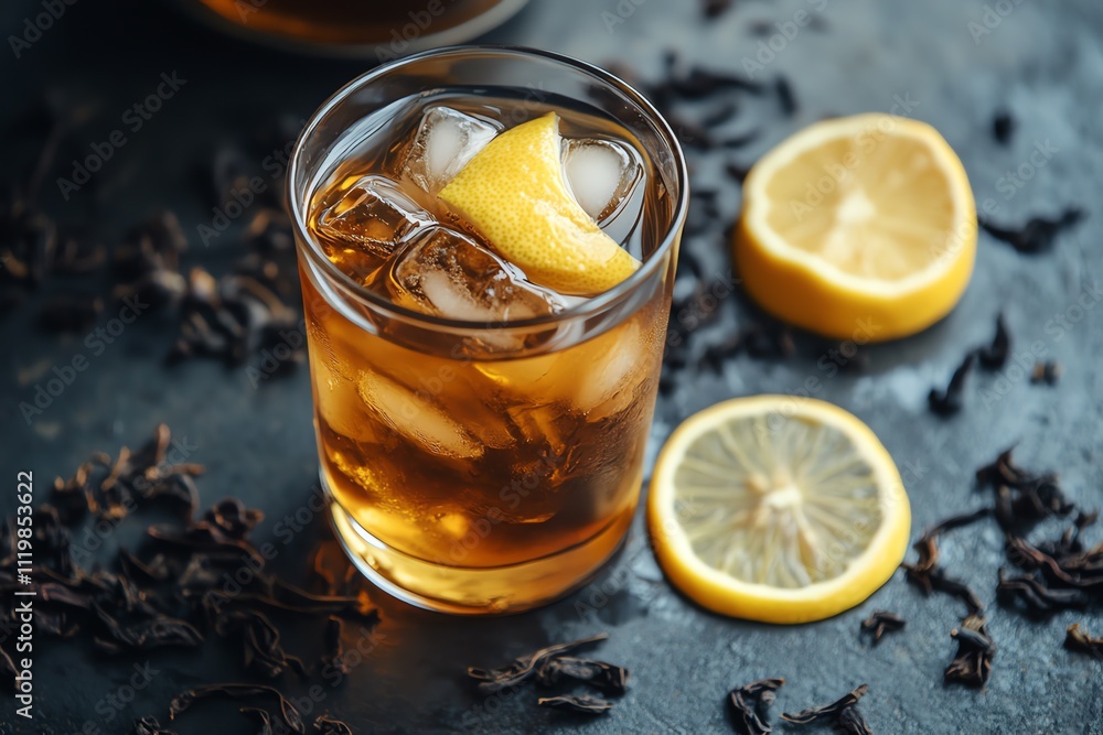 A Glass of Iced Hibiscus Tea with a Lemon Slice on a Black Surface A Glass of Iced Hibiscus Tea with a Lemon Slice on a Black Surface
