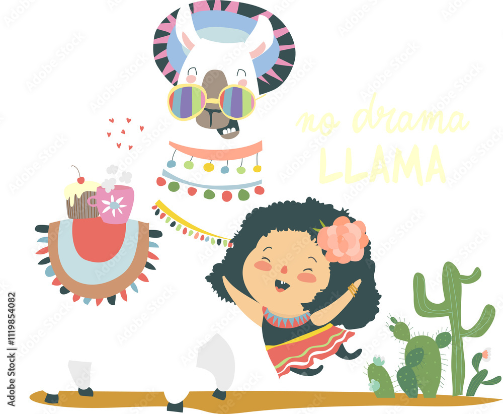 Fototapeta premium Funny llama alpaka with cute mexican girl. No Drama. Vector illustration