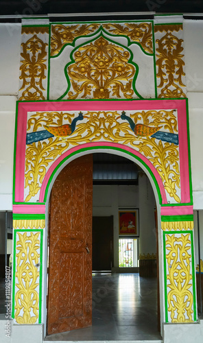 Corridor view within Uttara Kamalabari Satra, Majuli, Assam, India. photo