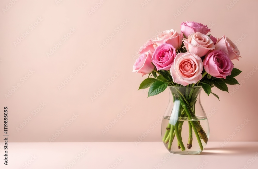 A beautiful vase filled with lovely pink roses sits on a table A beautiful vase filled with lovely pink roses sits on a table