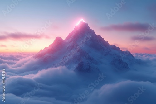 Majestic mountain peak illuminated by sunrise, surrounded by soft clouds.