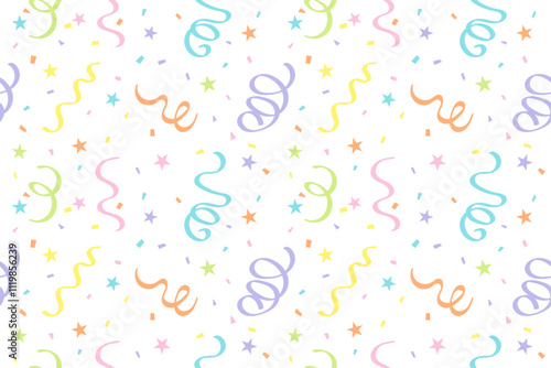 Pastel Colorful Confetti Star And Streamer Ribbon Pattern Background. Celebration And Happy Birthday. Party Wallpaper. Vector Illustration. Multicolored. Seamless
