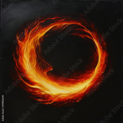 Abstract Circular Flame Design with Fiery Swirls on Dark Background for Artistic Use