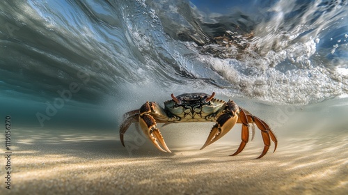 Here's a description for your stock photo.. Underwater crab facing camera, ocean wave overhead. photo