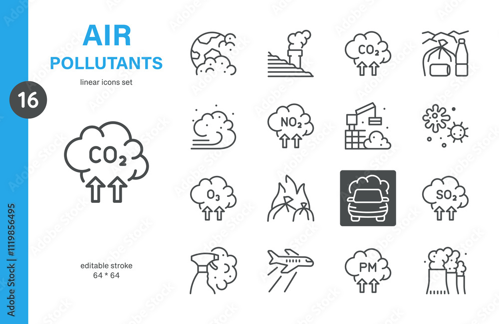 Air pollutants line icon set. Includes CO2, NO2, SO2, ozone, particulate matter, industrial emissions, trash waste burning, and car pollution. Perfect for environmental web design.
Air pollutants line icon set. Includes CO2, NO2, SO2, ozone, particulate matter, industrial emissions, trash waste burning, and car pollution. Perfect for environmental web design.
