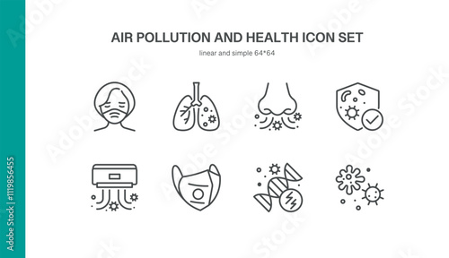 Air pollution and health icon set. Includes face mask, lungs, air conditioner, air filter, bacteria, viruses, damaged DNA and respiratory protection. Perfect for environmental and health designs.