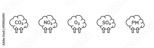 Air pollution icons set. Includes CO2, NO2, O3, SO2  Emissions, and particulate matter polluted cloud symbols. 