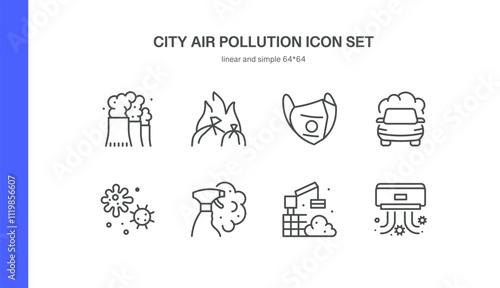 City Air Pollution Icon Set. Featuring Car Emissions, Factory Smoke, Waste Burning, Face Mask, Chemical Spray Pollution, Construction Dust