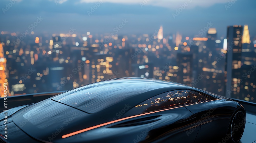 Obraz premium A futuristic, black sports car parked on a rooftop overlooking a city skyline at dusk.
