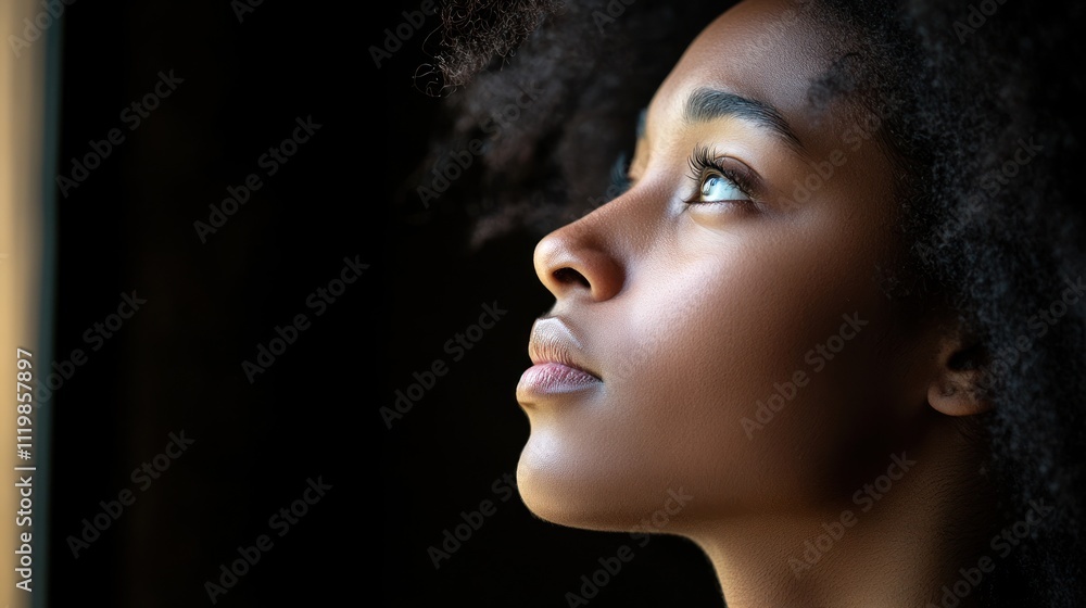 Close-up profile of a young Black woman looking upward, sunlight illuminating her face against a dark background. Close-up profile of a young Black woman looking upward, sunlight illuminating her face against a dark background.