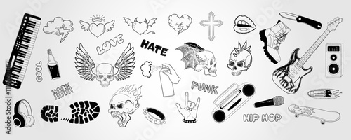 Doodle rock tattoo. Y2K cute shapes. Love heart with fire flame or wings. 90s fashion sticker. Graffiti grunge music punk. Gothic skeleton. Skateboard and rocker guitar. Vector scribble elements set