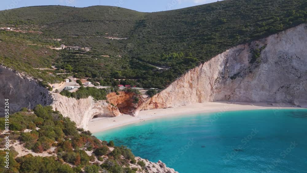 Aerial drone view of the beautiful beach Porto Katsiki on the island of Lefkada in Greece. Aerial drone view of the beautiful beach Porto Katsiki on the island of Lefkada in Greece.