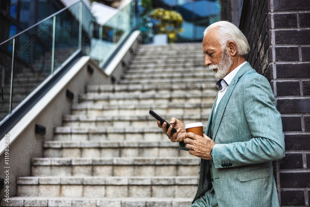 Successful Caucasian businessman outside modern office building in business suit using smartphone, mature boss checking message smiling and reading news online from phone. Successful Caucasian businessman outside modern office building in business suit using smartphone, mature boss checking message smiling and reading news online from phone.