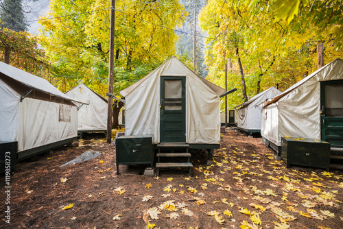 Canvas Print Yosemite Valley tent cabins with autumn leaves in Yosemite National Park