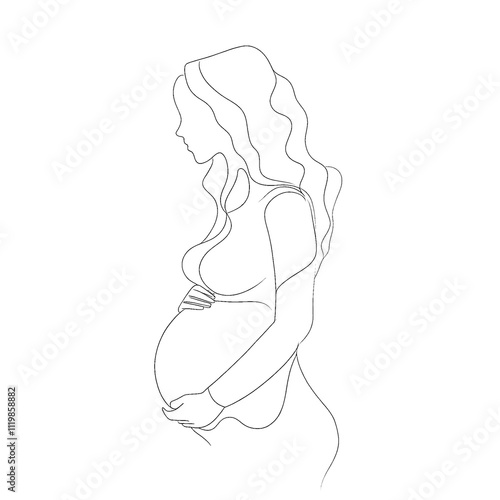 Minimalistic Line Art of a Pregnant Woman, Black and White