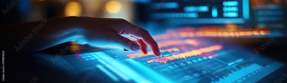 A hand adjusting a soundboard with colorful glowing buttons in a dark room. A hand adjusting a soundboard with colorful glowing buttons in a dark room.