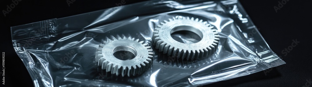Fototapeta premium Two metallic gears in a clear plastic bag.