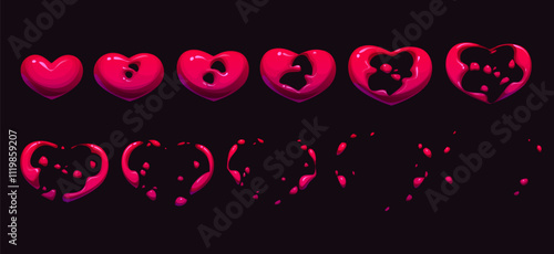 Heart explosion sprite, love game animation sequence frame depicts dynamic stages of a heart breaking apart. cartoon vector red heart disappear in air. Love spell, storyboard motion and vfx effect