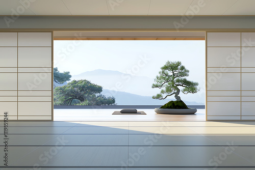 japanese zen interiors, tranquil zen design with sliding shoji screens and indoor bonsai garden, characterized by flowing lines and neutral tones photo