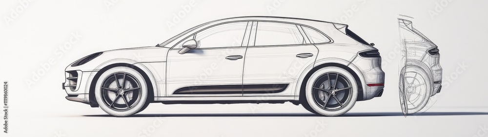 Side profile sketch of a white luxury SUV. Side profile sketch of a white luxury SUV.