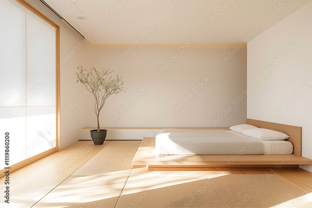 Fototapeta premium fusion interior design, a tranquil bedroom blending japanese minimalism with scandinavian warmth low-profile wooden pieces and natural textiles in perfect harmony
