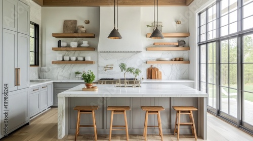 Modern farmhouse kitchen with island, floating shelves, and large windows.